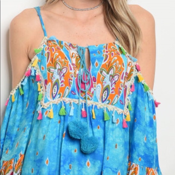 Chase Away The Blues- Boho Cold Shoulder Dress - Picture 5 of 8